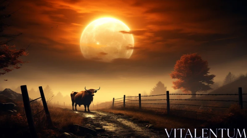Tranquil Nature Scene with Bull and Moon AI Image