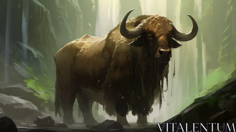 Bison in Misty Forest Digital Painting AI Image