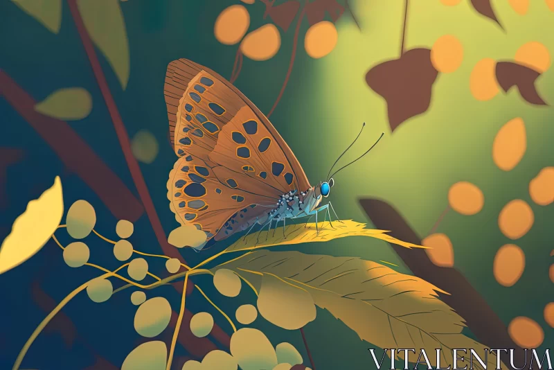 Character Design: Butterfly Perched on Branch in Leafy Forest AI Image