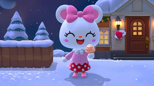 Charming White Mouse in Snowy Village Holding Cupcake