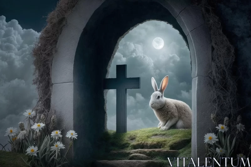 Dreamlike Rabbit: Moody and Tranquil Scene with Cross in the Background AI Image