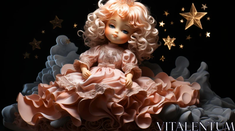 Porcelain Doll on Cloud in Night Sky AI Image