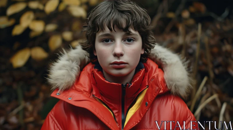 Serious Preteen Boy in Red Winter Jacket - Forest Scene AI Image
