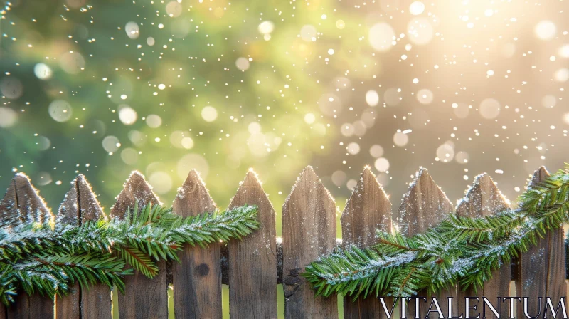 AI ART Snowy Forest Wooden Fence with Fir Branches - Winter Nature Scene