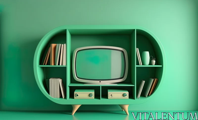 Antique Green TV Stand with Books and Toys - Futuristic Retro Design AI Image
