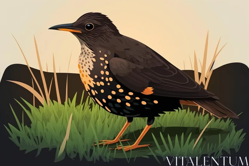 Bird Standing on Grass in Evening Light - Realistic Illustration AI Image