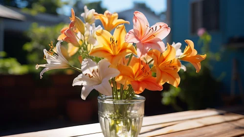 Lily Flowers in Clear Glass Vase on Wooden Table
