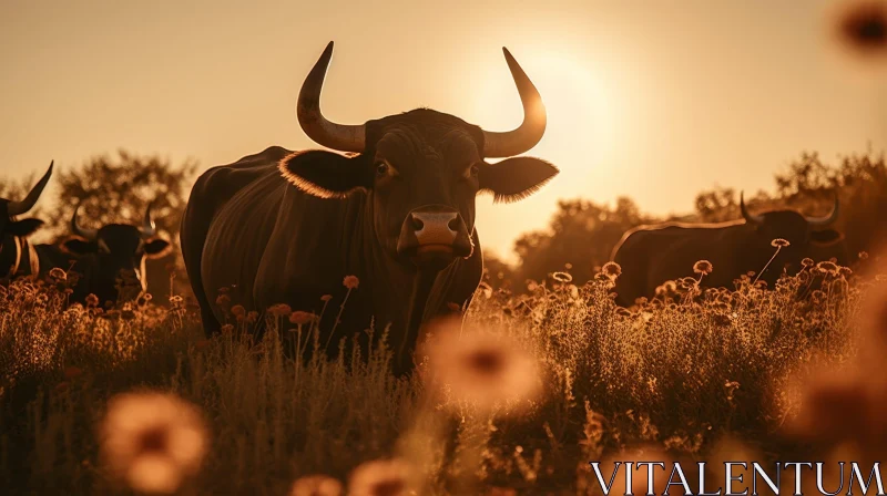 AI ART Majestic Bull in Lush Green Field at Sunset