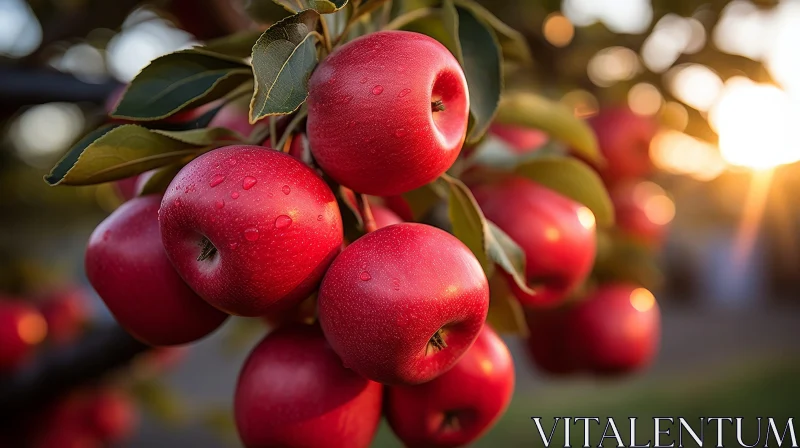 Serene Red Apples on Tree Branch with Sunlight AI Image