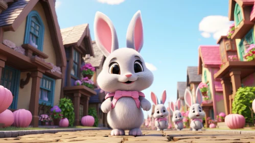 Whimsical Cartoon Rabbit in a Village