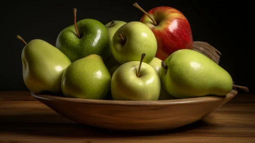 Wooden Bowl with Green and Red Apples on Table
