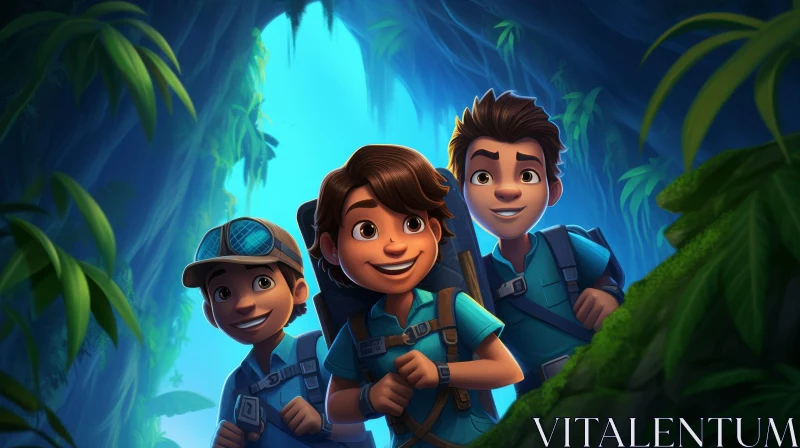 Young Explorers in Lush Jungle - Adventure Scene AI Image