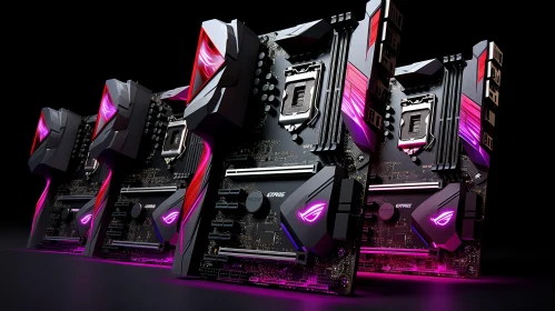 Black and Red Computer Motherboards with Pink Lights