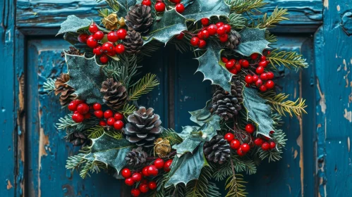 Christmas Wreath Hanging on Blue Door