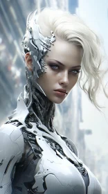 Futuristic Cyborg Woman Portrait in Cityscape
