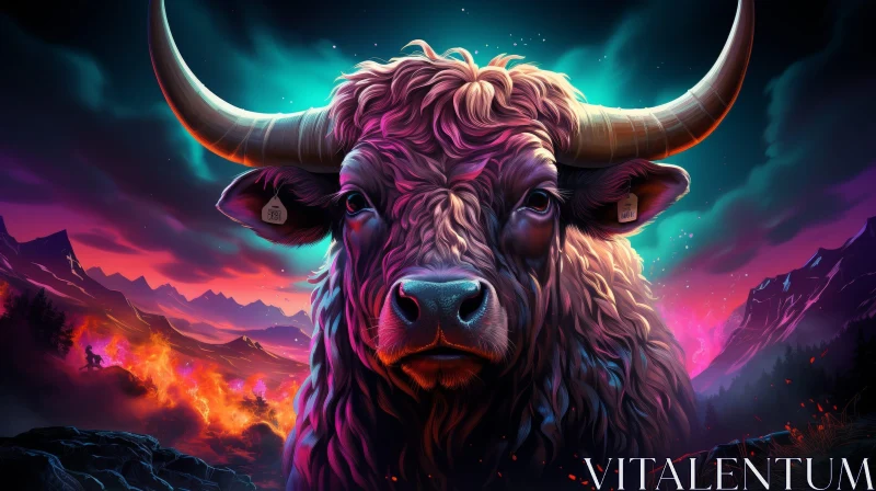 AI ART Magnificent Bull in Field with Mountain Background