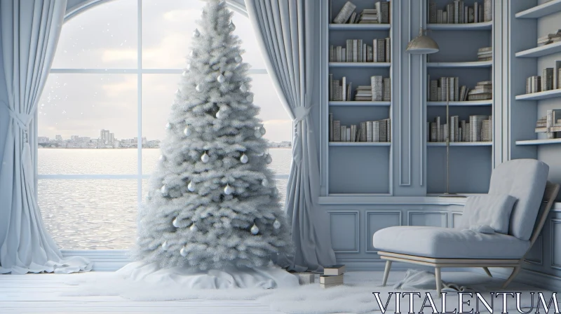 Modern Living Room with Christmas Tree and Snowy City View AI Image