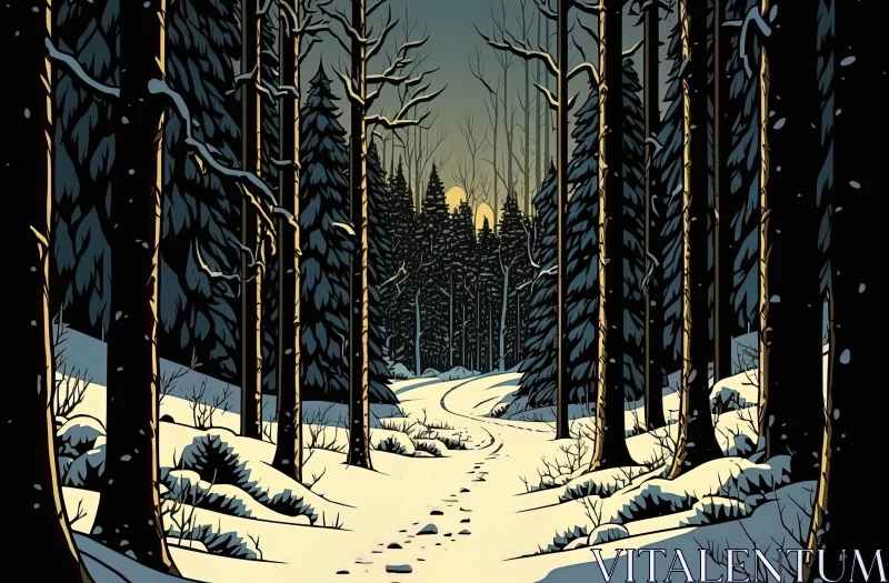 Snowy Forest Path Illustration in Graphic Novel Style AI Image