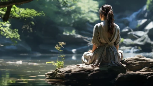 Woman on Rock in River - Serene Nature Scene