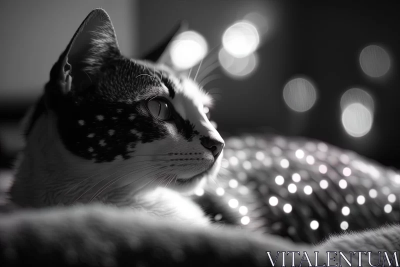 Black and White Cat on Pillow: Glimmering Light Effects AI Image