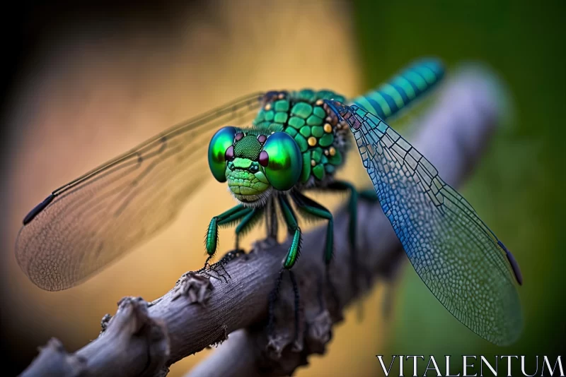 Captivating Green Dragonfly on Tree Branch - Vibrant Spectrum Colors AI Image