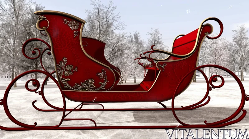 Enchanting Red and Gold Sleigh on Snowy Field AI Image