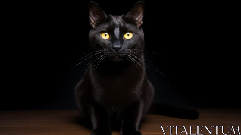 Enigmatic Black Cat on Wooden Table AI Image