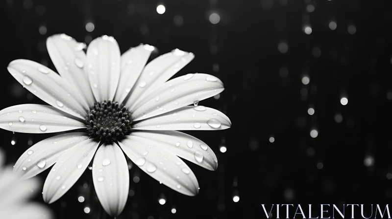 AI ART Monochrome Daisy with Water Drops - Elegant Floral Photography