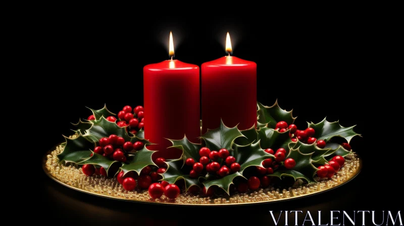 Red Candles and Holly Leaves Still Life for Christmas AI Image