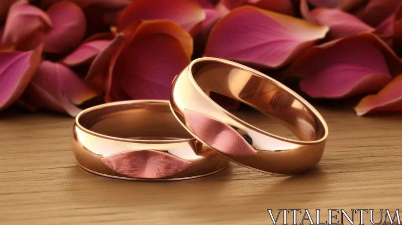 Romantic Wedding Rings on Wooden Table with Rose Petals AI Image