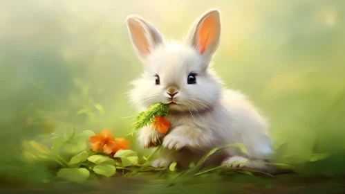 Adorable Bunny Eating Carrot in Green Meadow