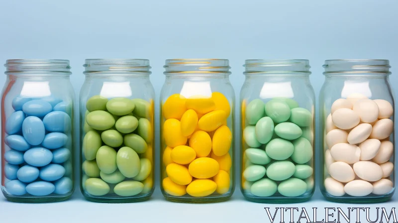 Colorful Candy in Glass Jars on Blue Background AI Image
