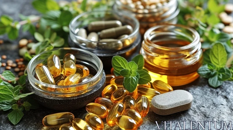 Dietary Supplements Containers: Pills, Oil, Mint Leaves AI Image