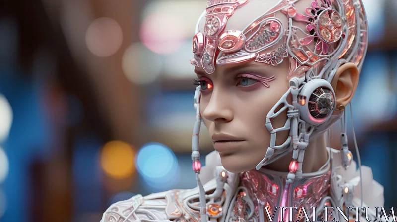 Female Cyborg with Pink and White Glowing Details AI Image