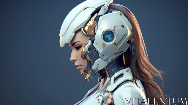 Futuristic Woman Portrait with White and Gold Helmet AI Image
