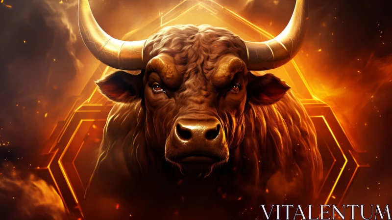 AI ART Intense Brown Bull with Large Horns in Fiery Background