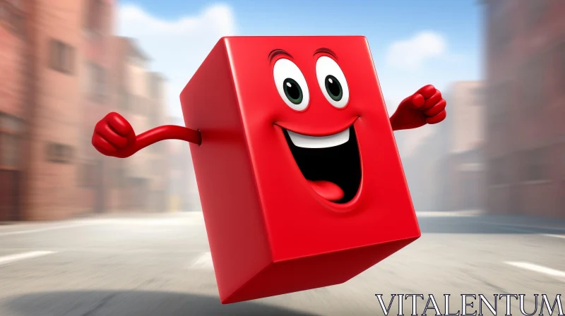 Joyful 3D Red Cube Running in Cityscape AI Image