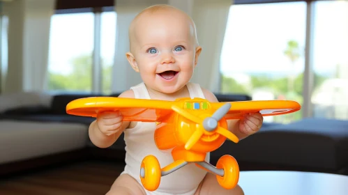 Joyful Baby Playing with Toy Airplane