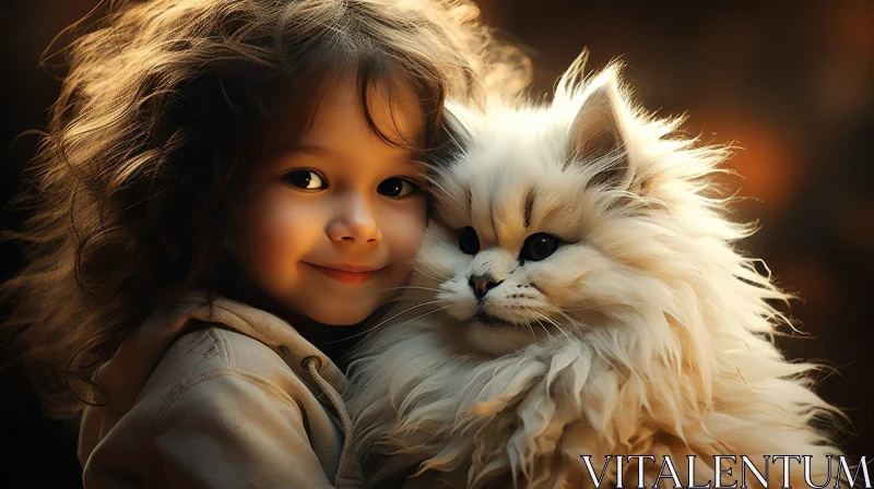 Smiling Girl with White Cat in Warm Studio Setting AI Image