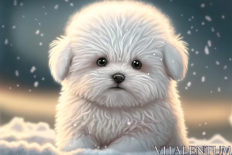White Puppy in Snow: Dreamlike Illustration with Hyper-Detailed Portraits AI Image