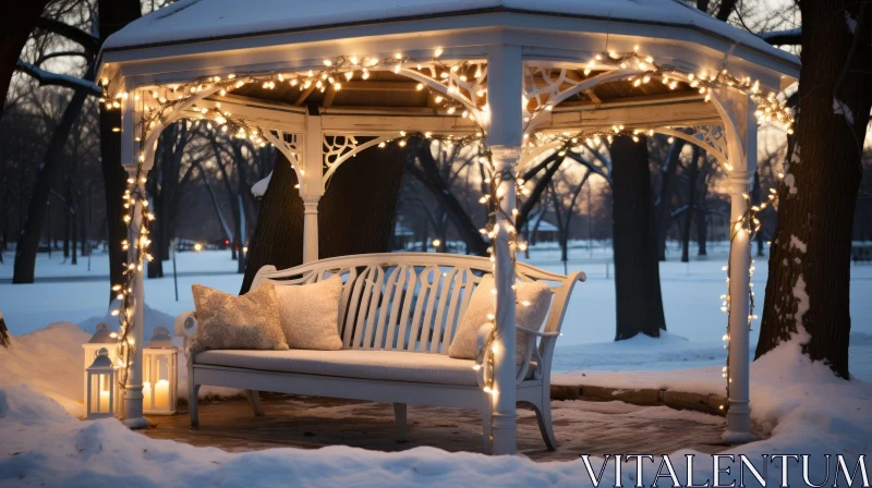 Winter Wonderland: White Gazebo in Snowy Park AI Image