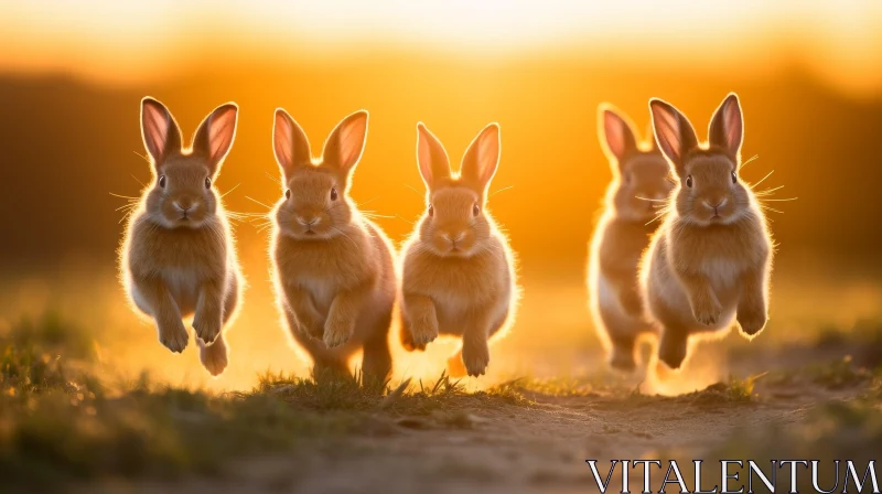 Brown Rabbits Running in Field at Sunset AI Image