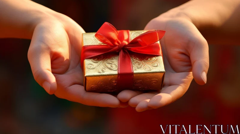 Golden Gift Box with Red Ribbon - Stock Photo for Marketing AI Image