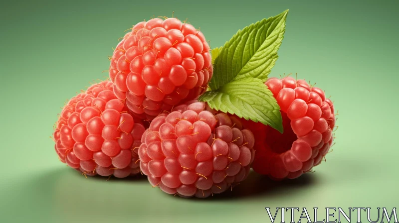 AI ART Ripe Red Raspberries with Green Leaves - Close-up Beauty