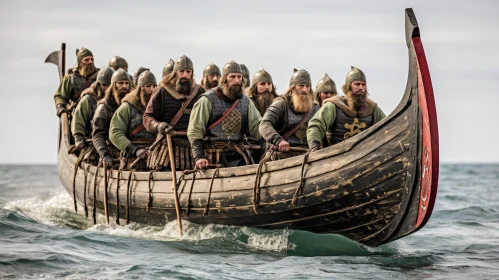 Ancient Vikings in Wooden Boat - Sea Adventure Scene