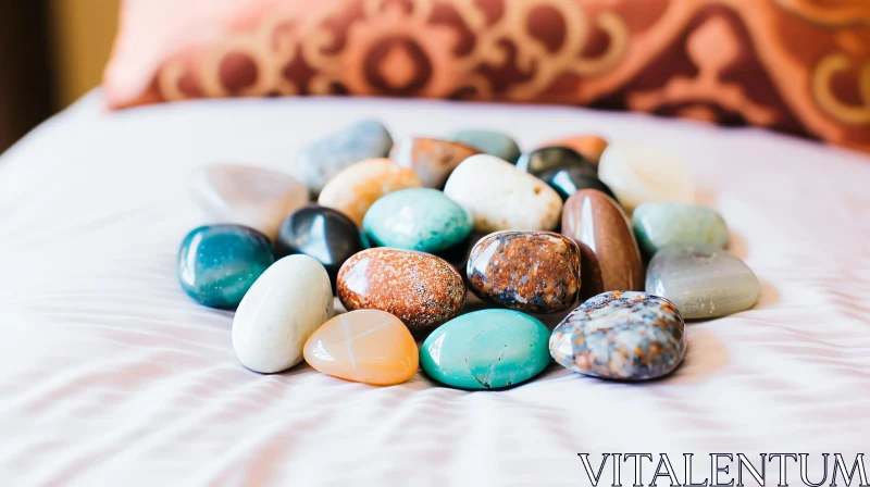 Colorful Stones Close-up on White Cloth AI Image