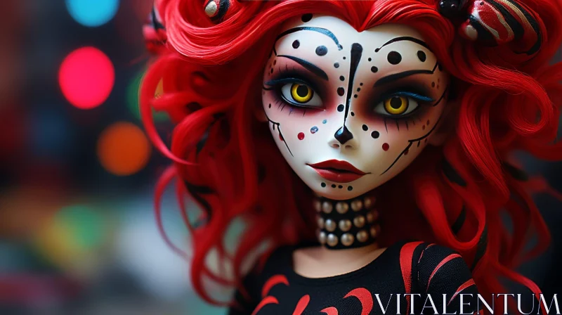 Female Doll Close-Up with Red Hair and Skull Design AI Image