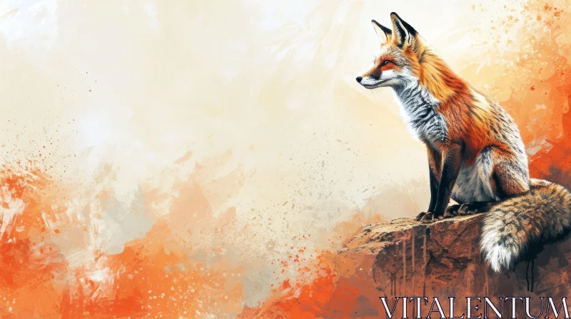 Red Fox Watercolor Painting on Rock AI Image