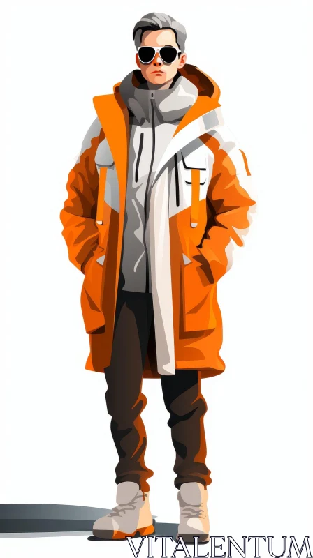 Stylish Man in Orange Winter Jacket Illustration AI Image