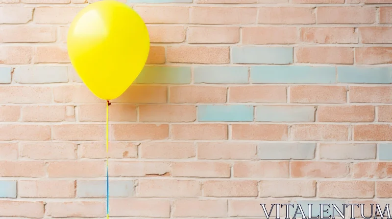 AI ART Yellow Balloon Against Light Beige Brick Wall